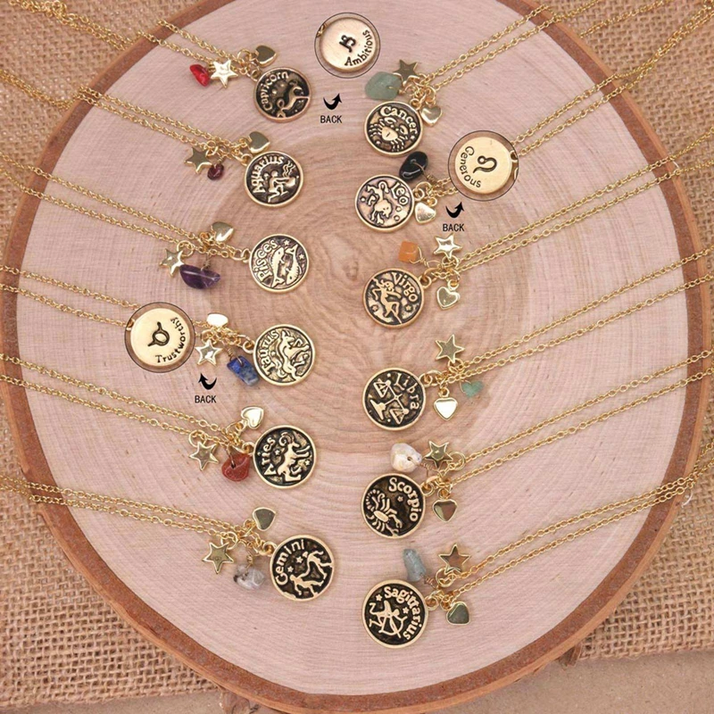 Custom Initial Disc Necklaces Gold Plated Heart Star Zodiac Coin Pendant Necklace Round Horoscope Zodiac Necklace