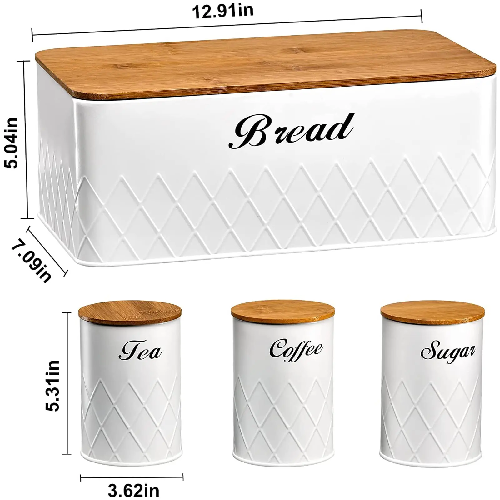Custom White  Kitchen Tea Coffee Sugar Canisters Jars Tins Sets storage canister With Bamboo Lids