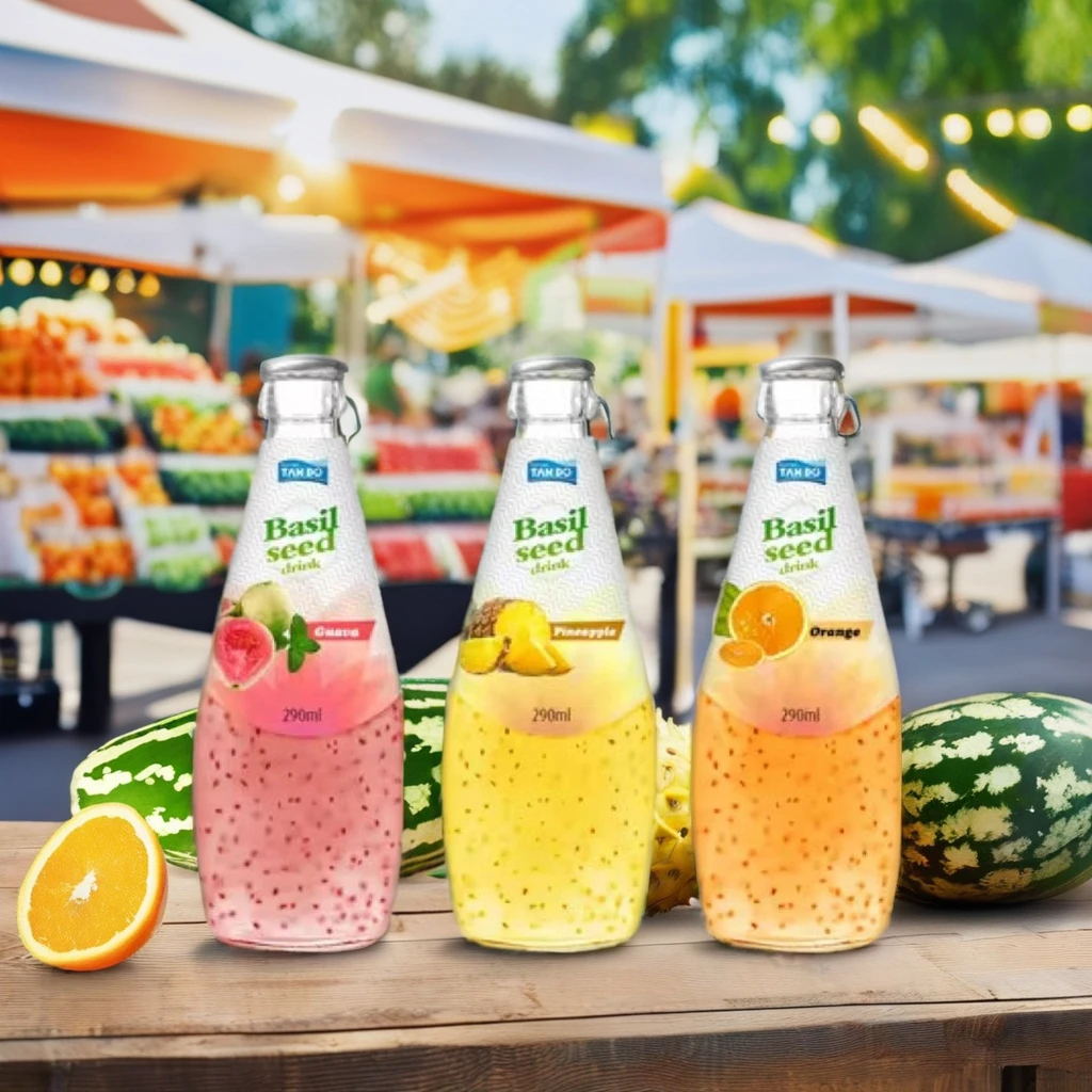 Wholesale 290ml Premium Basil Seed Drinks Free Design Sample Mango Apple Flavored Fruit Juice in Glass Bottle Private Label