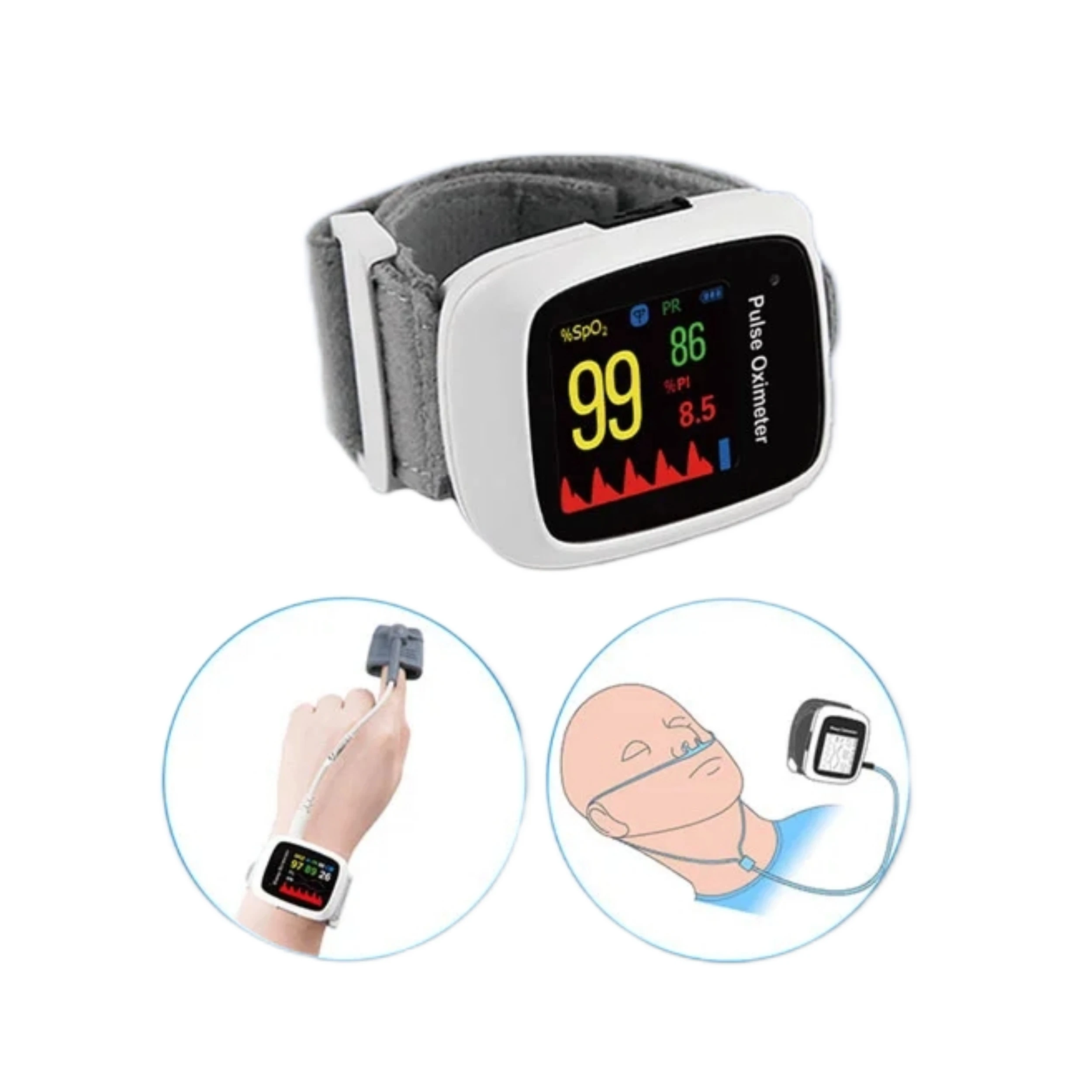 Wrist Design 24 Hours Sleep Screener SpO2, PR, Respiration rate, Air flow and Snoring Continuous Monitor