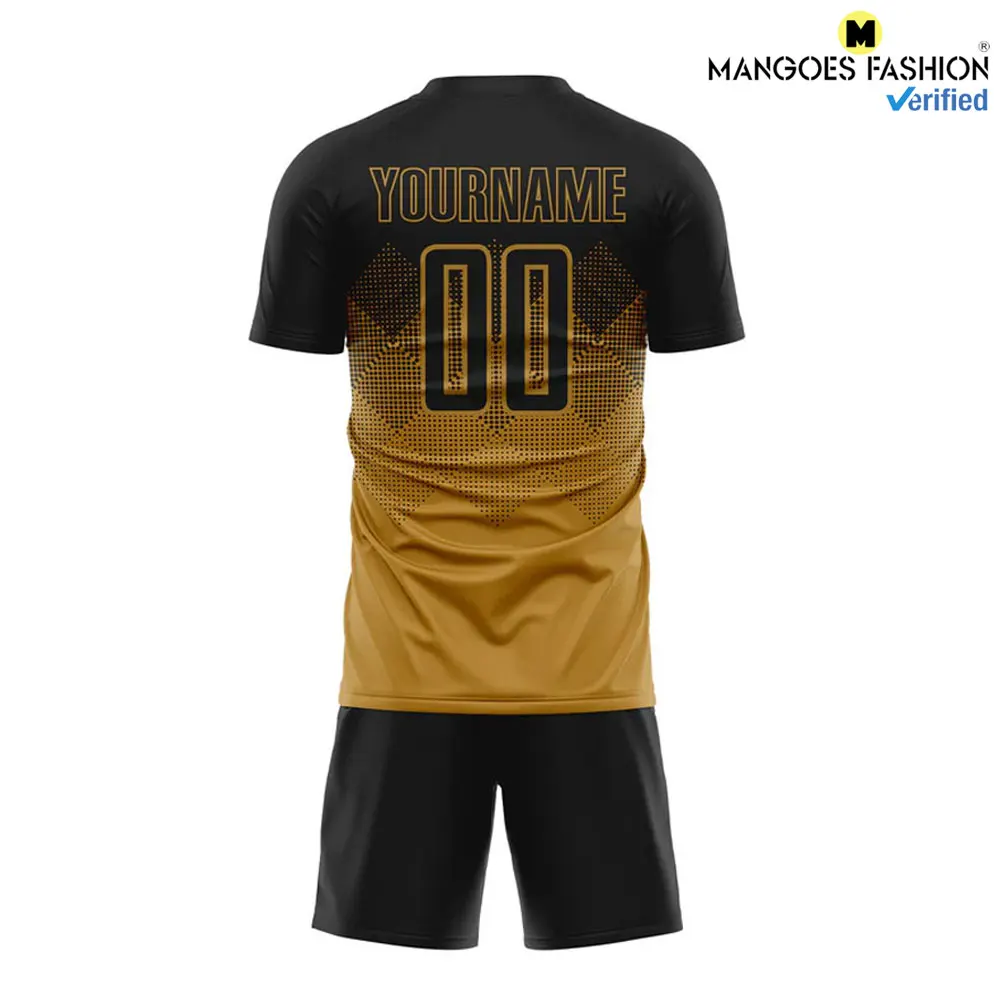 Premium Custom Old Gold Black Sublimation Soccer Uniform Jersey Moisture-Wicking Spongy Handle Draping Property Elasticity