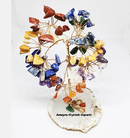 Natural Mixed Gemstone Tree With White Agate Coaster Base for Healing Semiprecious Stone Trees for Gift Buy From Amayra Crystals