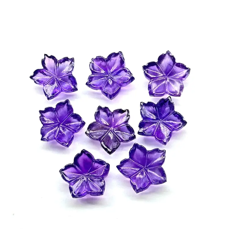 Natural Purple Amethyst Flower Shape Loose Carved Gemstones 14mm Fancy Stone Carving Beads for Jewelry Making