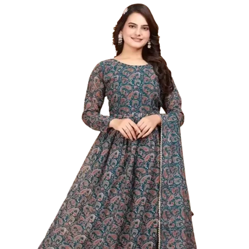 Latest Heavy New Faux Georgette Anarkali Dress Traditional Wedding Ready Wear Collection Digital Print Party Wear Gown