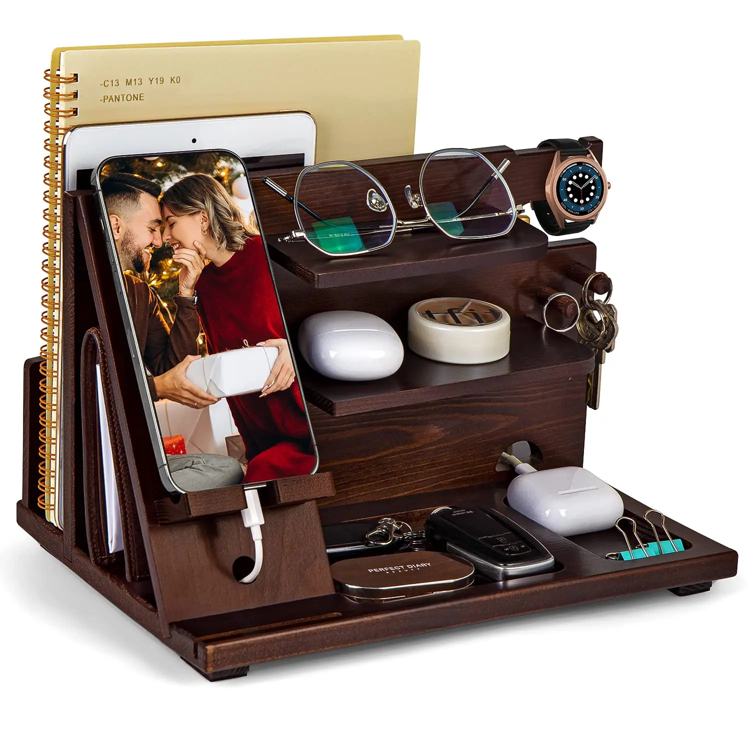 Acacia wood Phone Docking Station Ash Key Holder Stand Watch Organizer, Husband Wife Anniversary gift Dad nightstand organizer