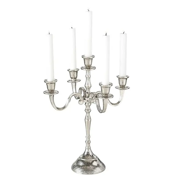 Five Candle Candelabra Silver Finish Centerpiece Hand Crafted of Cast Aluminum Atelier Craft Surface Details MADE IN INDIA
