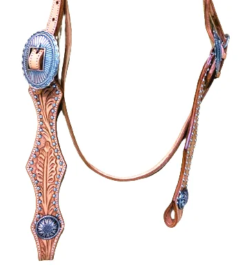 Top quality Western leather Headstall with very fine hand tooled and  carving with brass fancy buckle with  studs