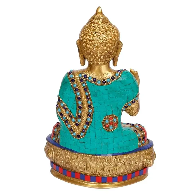 Big Buddha Statue for Home Decor Brass with Multicolor Stone Handwork Idol Figurines Vaastu Sculpture Showpiece Gift 12 Inch