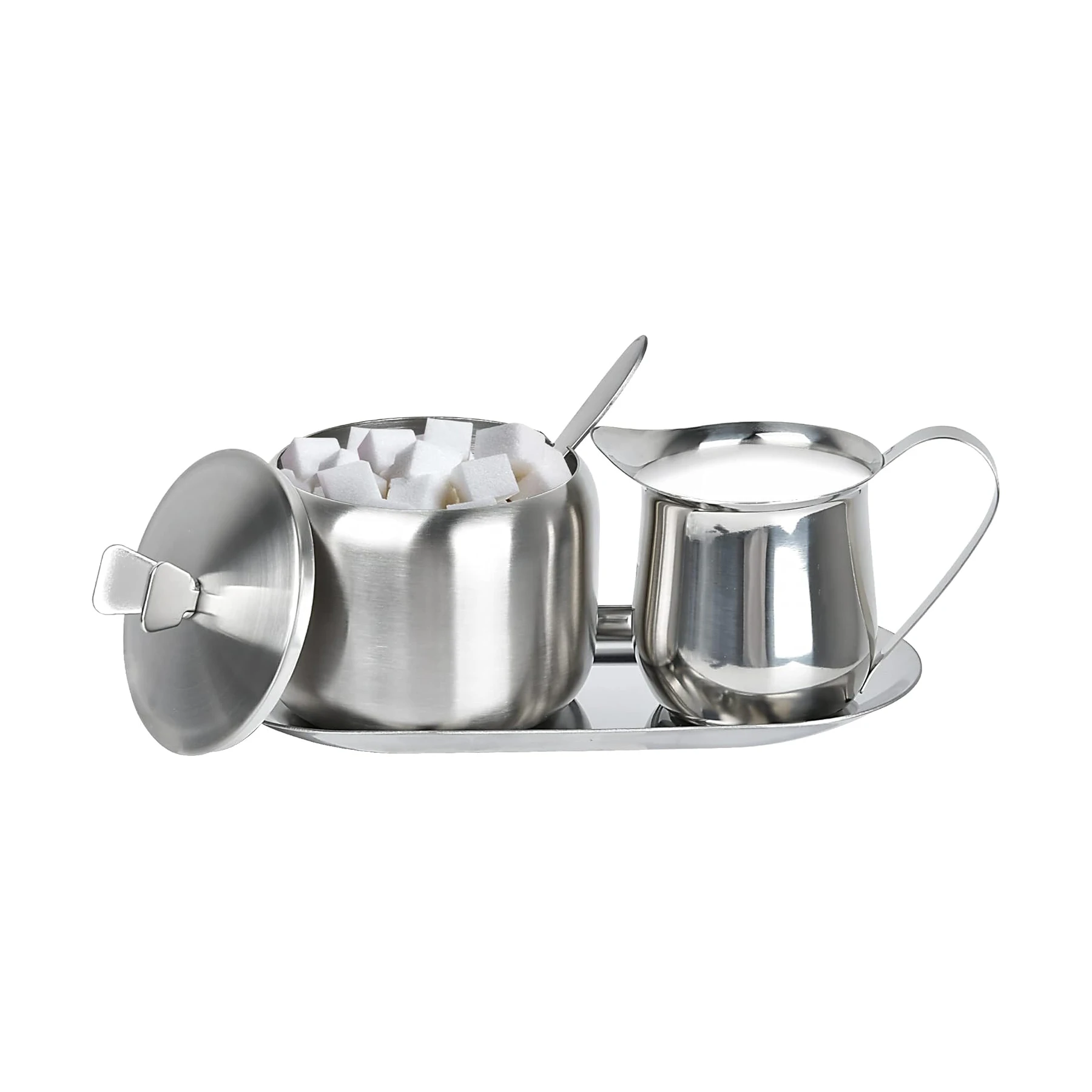 Sugar and Creamer Set, Coffee Serving Set, metal Latte Milk Cup Cream Jug and Sugar Bowl with Lid and Spoon Tray Server