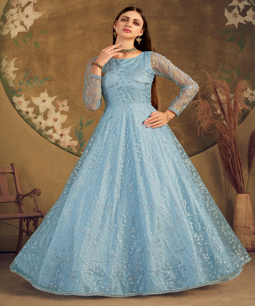 fancy organza embroidery sequence work only gown wedding bride wear ethnic garments wholesale price surat