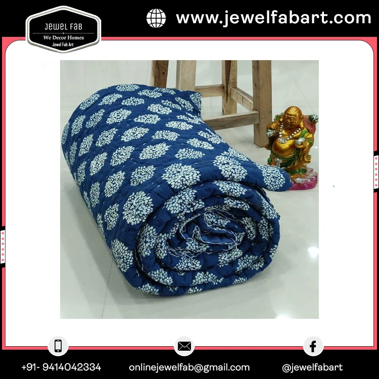 New Design Handmade Kantha Quilts Customized Wholesale Price Floral Indigo Print Soft Cotton King Size Kantha Quilts