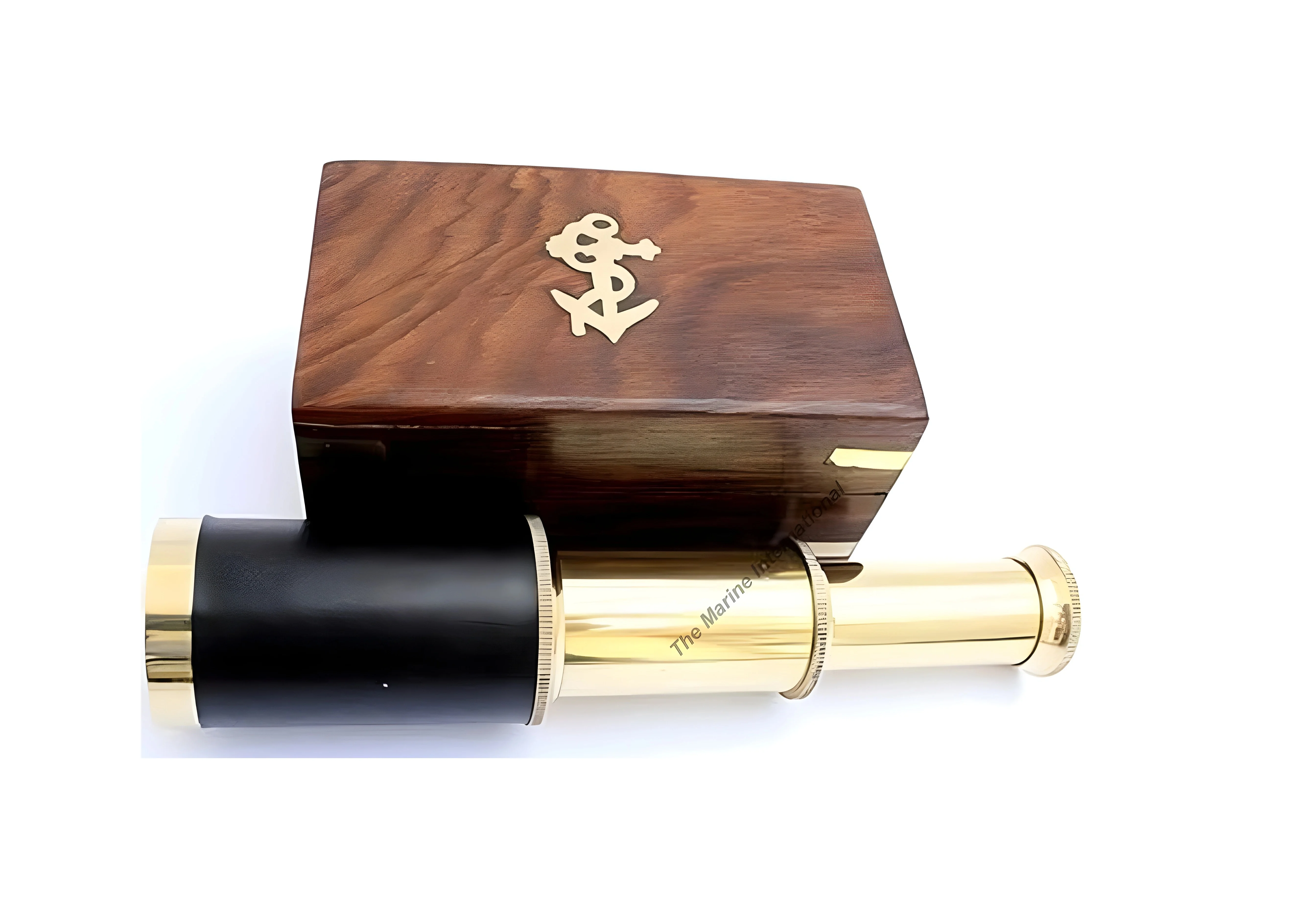 Stylish Handheld Shiny Brass Black Leather Cover Telescope with Wood Box Pirate Navigation Collectible