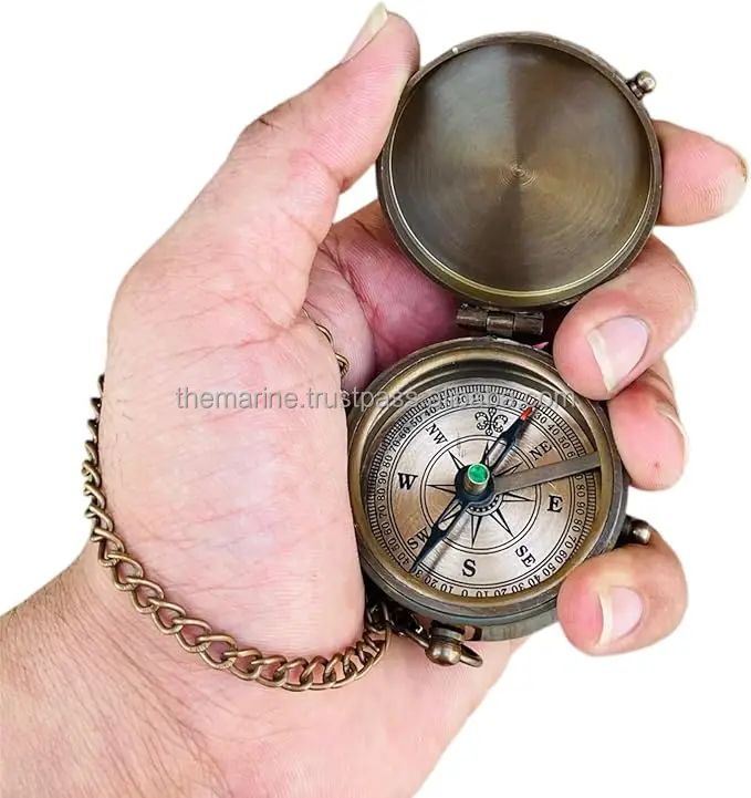 Antique Nautical Brass Engraved To My Son Compass Chain With Engraved Red Leather Case for Camping Hiking & Home Decorative