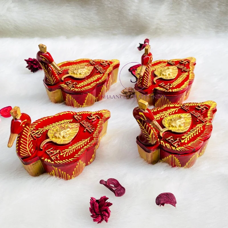 Handcrafted Wooden Tika Chopra in Peacock Shape With Meenakari Work Kumkum Box With 4 Section for Roli and Kumkum and Chandan