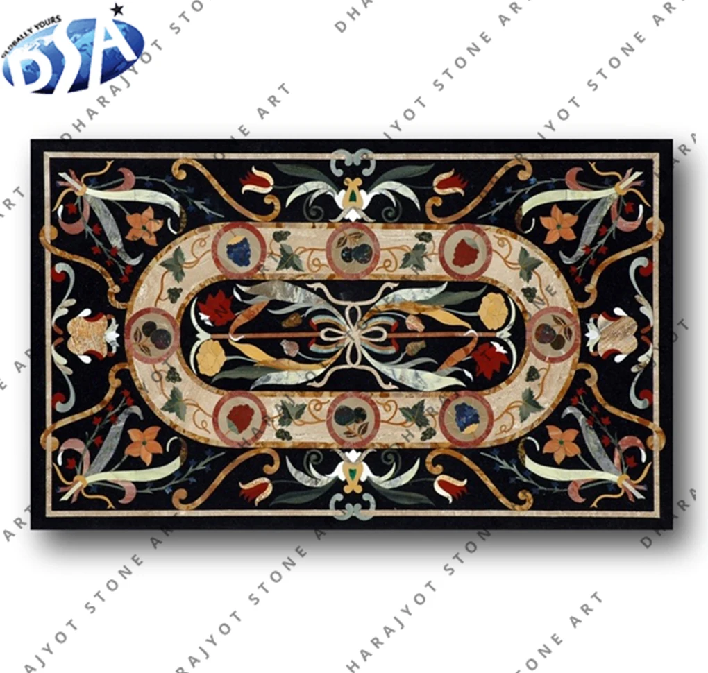 Indian Antique Art Marble Inlay Dining Table Top, Black Marble With Natural Stone Indian Design Table Tops