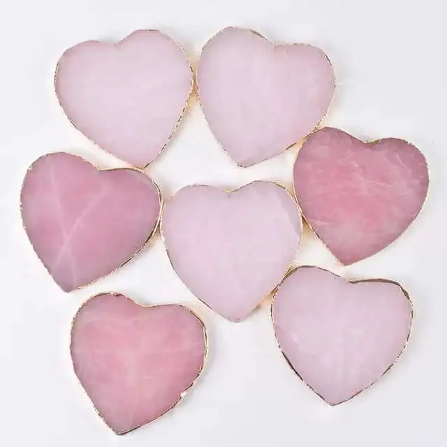 Wholesale Natural Rose Quartz Carved Coasters Natural quartz Heart Shape stone slice with Golden rim edges coasters