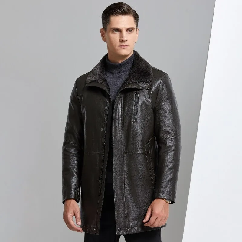 Fur Integrated Men Leather Jacket Mid-length Thickened Natural Sheepskin Lapel Home Casual Jacket Factory Direct Sales