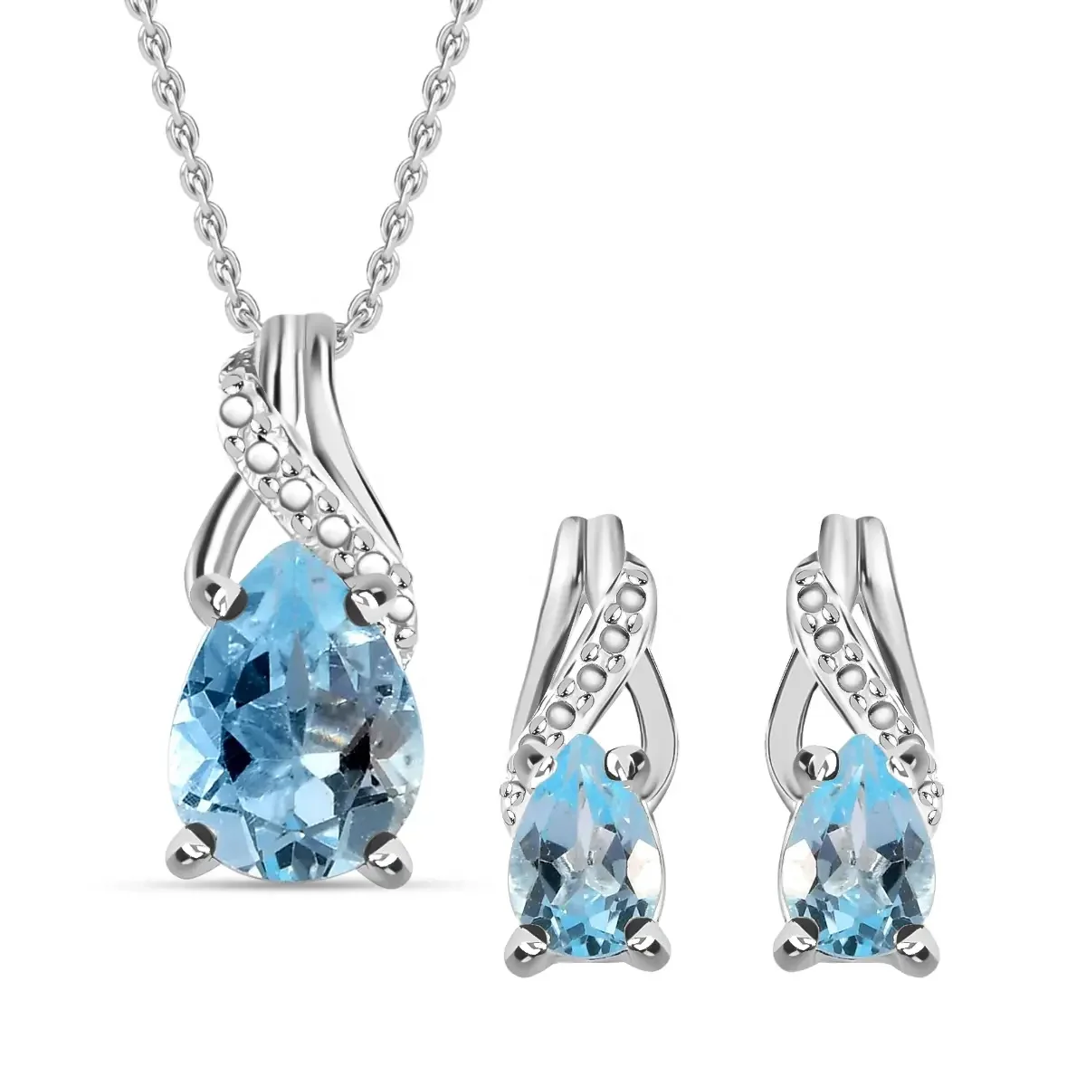 Sky Blue Topaz Earrings and Pendant Necklace Jewelry Set, Sterling Silver and Stainless Steel Jewelry Set Wholesale Jewelry