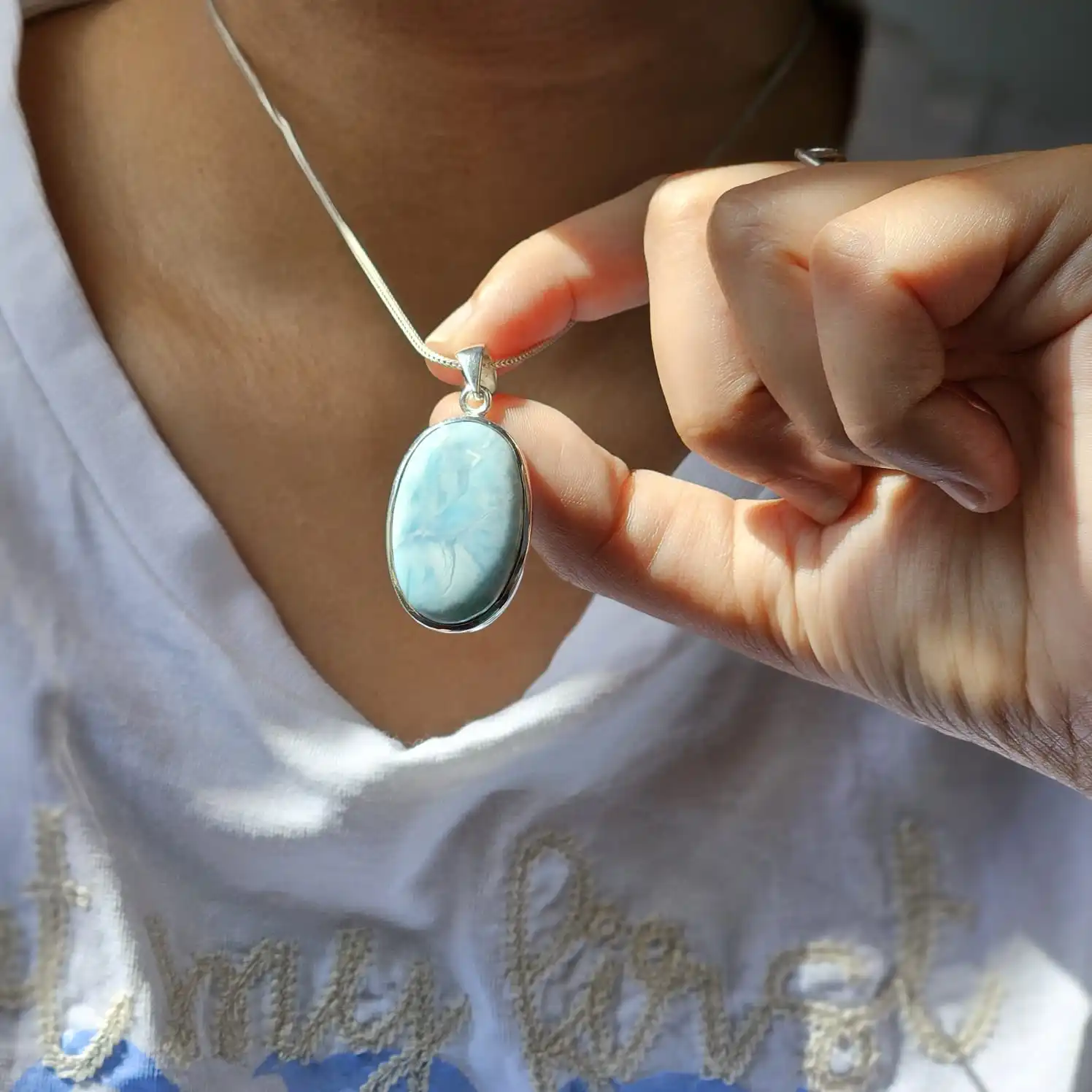 Beautiful oval larimar silver pendant best quality larimar silver pendant best selling larimar pendant