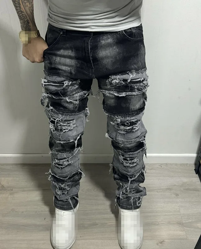 Custom menswear street wear knee-length ripped tight soft made old straight leg wash jeans