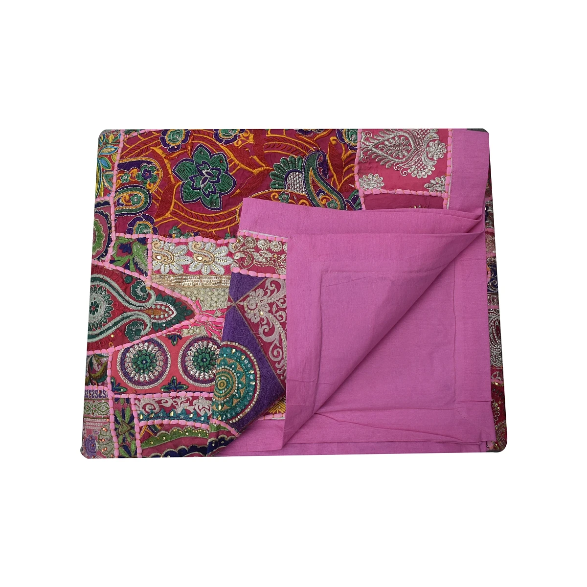 Indian queen size hand embroidery patchwork design pink color undying rare vintage sari quilt., throw and blanket
