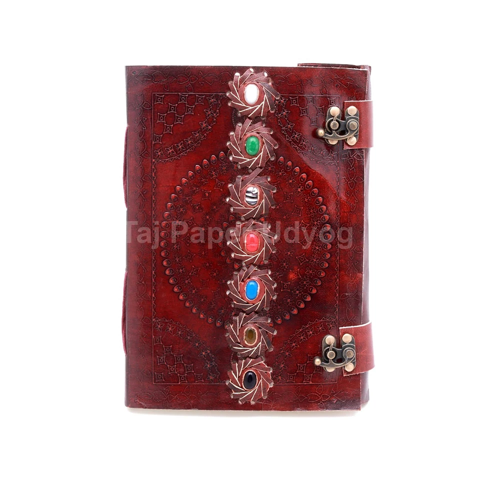 Most Selling Handmade Leather Seven Chakra Stone Journal Antique Travelling Leather Diary At Wholesale Price