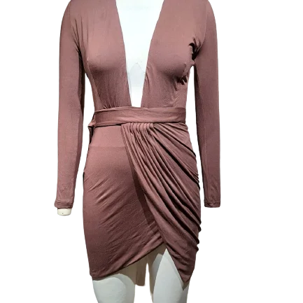 NEW HOT SELLING ELEGANT ASYMMETRIC FANCY WOMEN DRESS DEEP V-NECK OPEN BACK STYLE SEXY DESIGN BURGUNDY OEM LADIES HOLIDAY DRESS