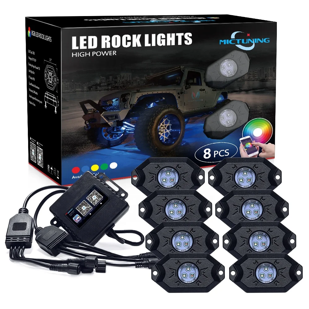 MICTUNING Universal Car Music APP Controller Colorful RGB Auto Lighting Pure White Led Rock Light Kit