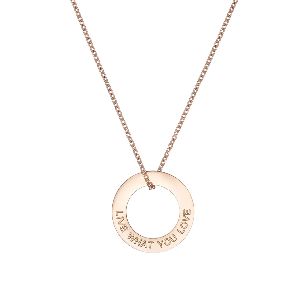 Statement Jewelry Rose Gold Silver Live What You Love Pendant Necklace Custom Round Circle Stainless Steel Necklace For Women