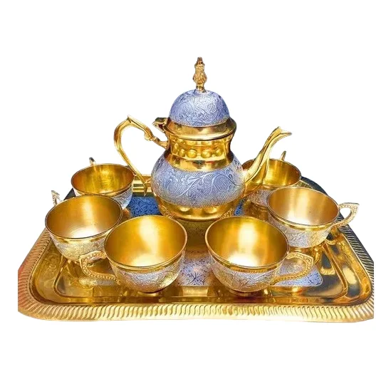 Pure Copper Tea Kettle With Two Cup Set Insulated Handle Premium Look Embossed Design Matte Finishing Drinkware Utility Items