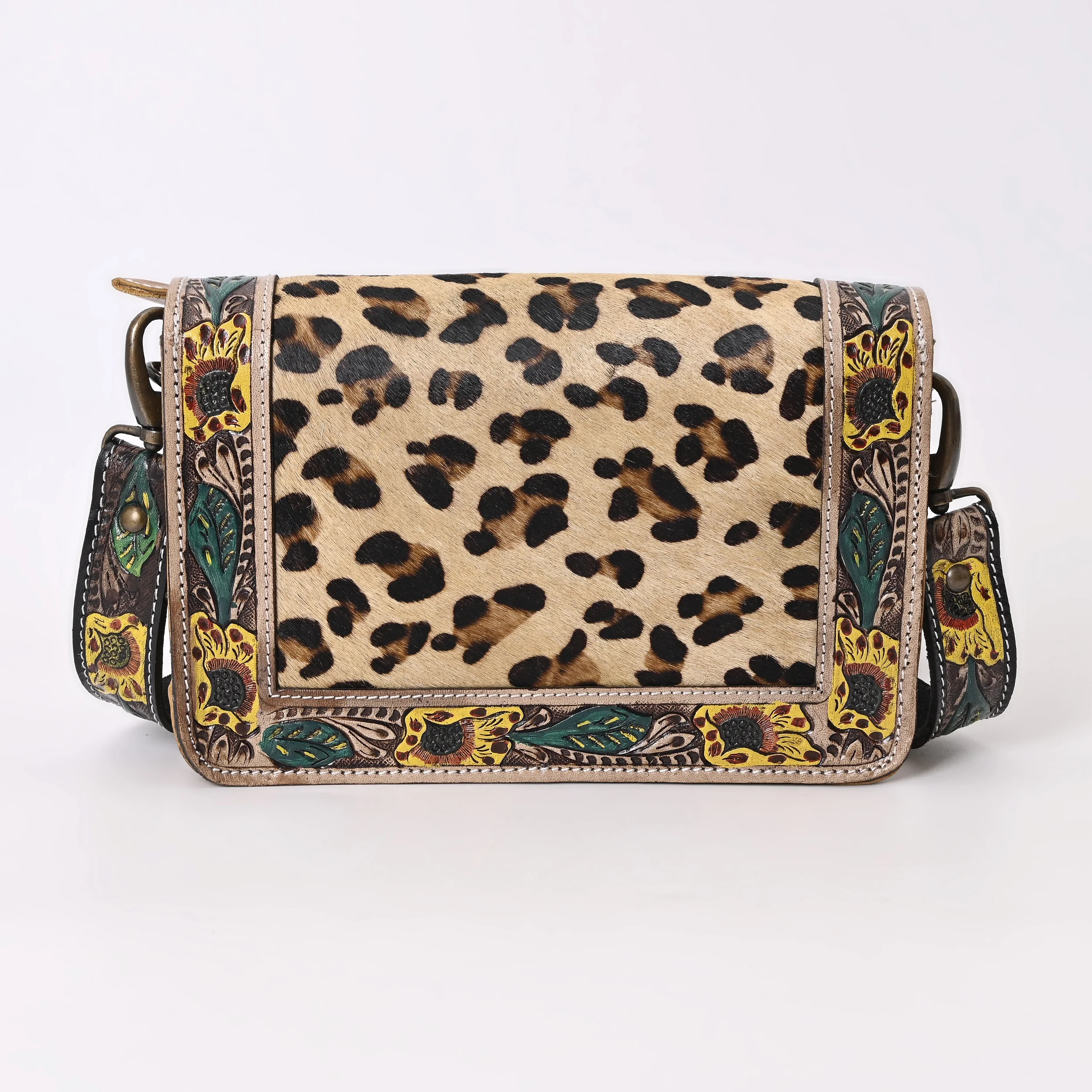 Cowhide Leather Messenger Bag Sunflower and Leaf Hand Tooling Shoulder Tote and Sling Styles Multiple Pocket Magnet on Flap