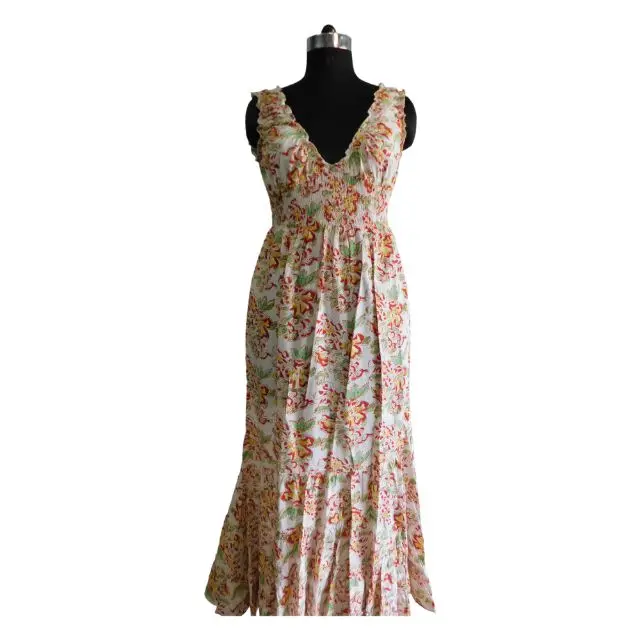Smocking dress cotton block printed long dress designer evening gown