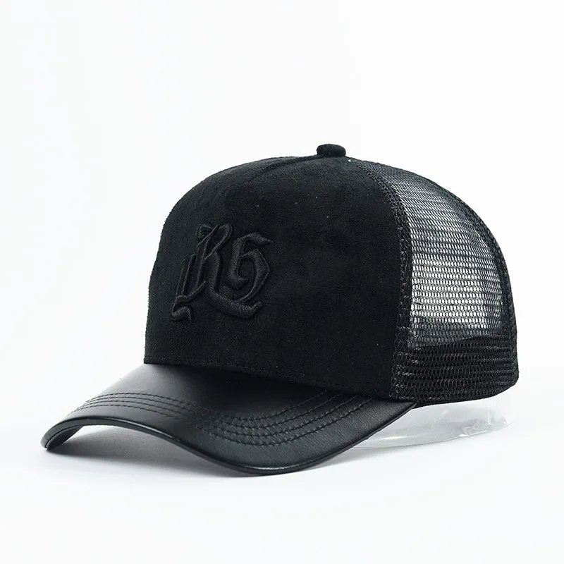 New Arrival OEM Suede Custom Embroidery High Quality Mesh Trucker Hat With Leather Brim