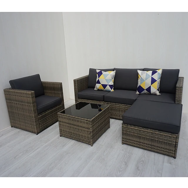 Set of Rattan Garden Furniture with 5 Seater Dark Grey Cushion Sofa and 1 Coffee Table with tempered glass