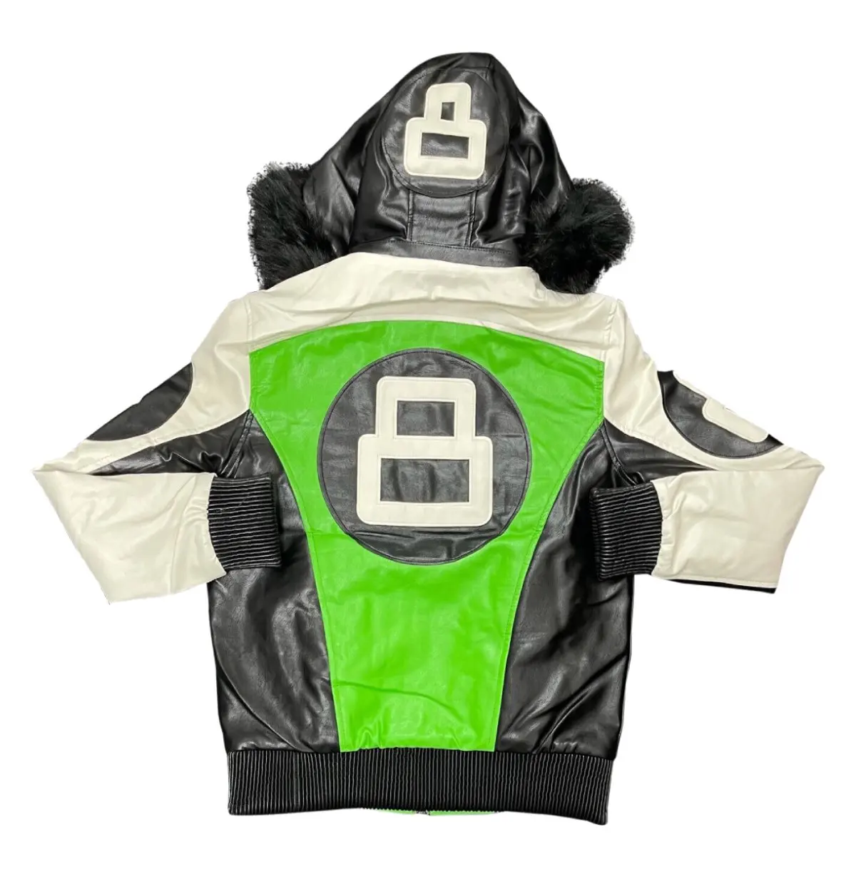 Green And Black And White 8 Ball Bomber Jacket With Fur Hooded Collar Zipper Closure Genuine Lamb Leather Bomber Jacket