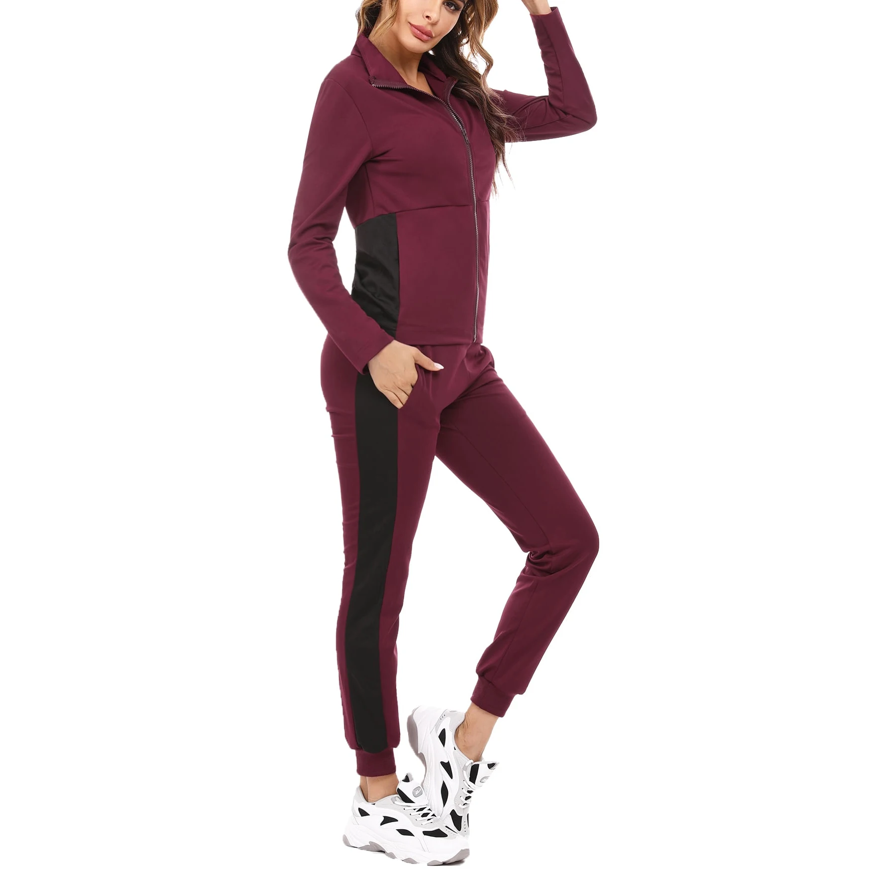 High Quality Breathable 2 Piece Set Women Solid Color Zipper Front Long Sleeve Sweater Top Cotton Drawing Women Tracksuits Set