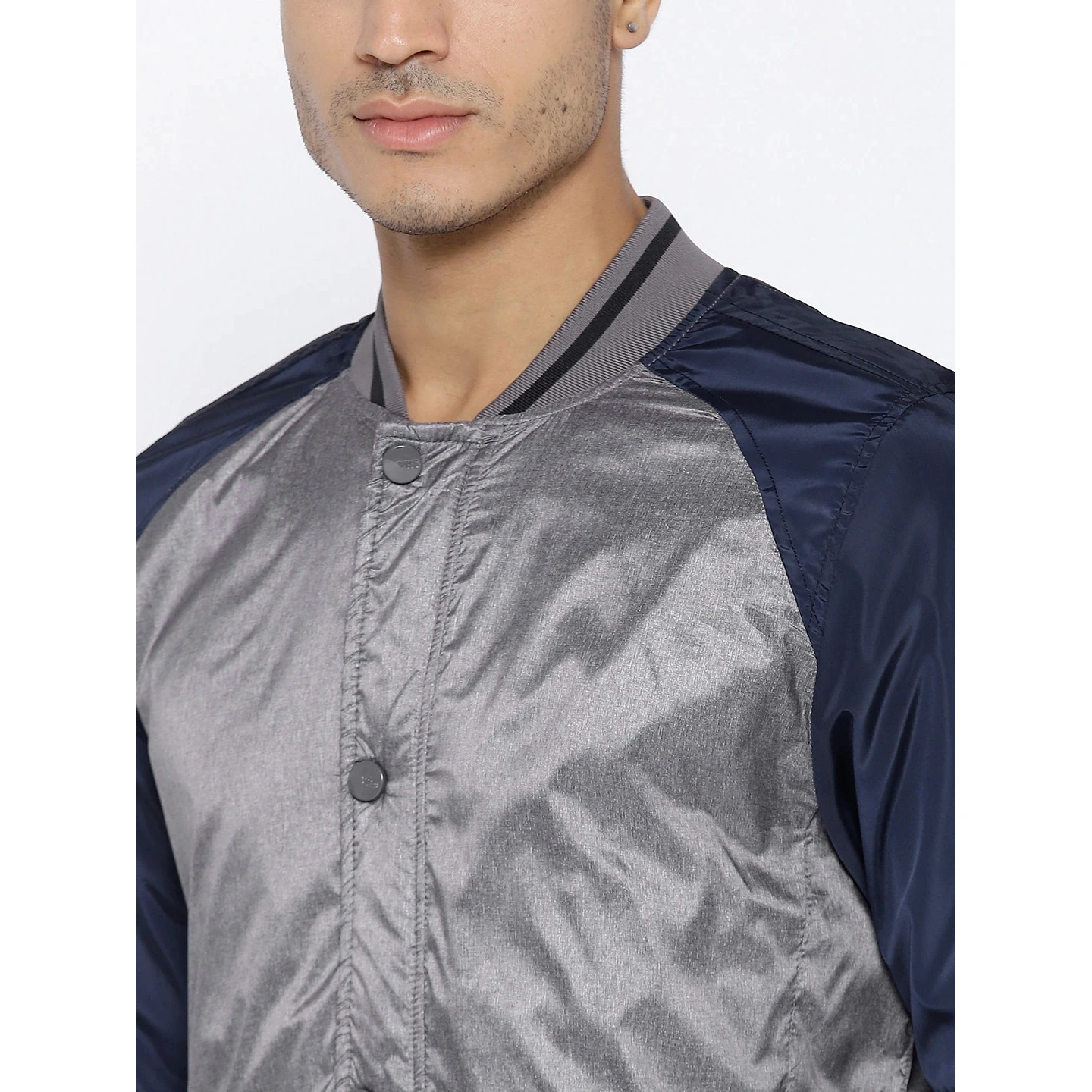 Custom Satin Bomber jacket Men Grey & Navy Solid VarsityJacket wool body baseball varsity jackets