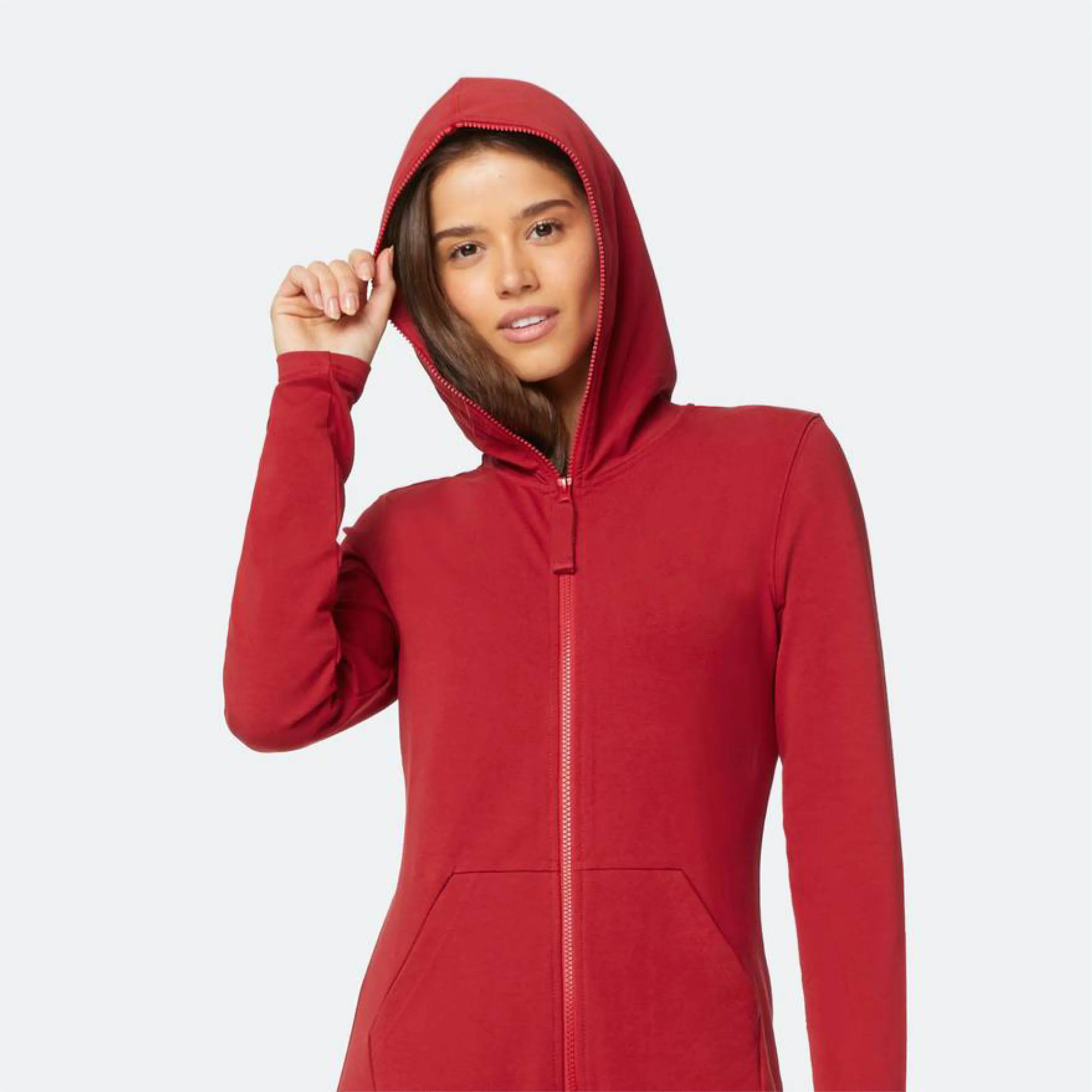 93% Cotton 7% Elastane One Way Zipper Opening Front Kangaroo Pocket Red Women Original Fitted Onesie Slim Jumpsuit
