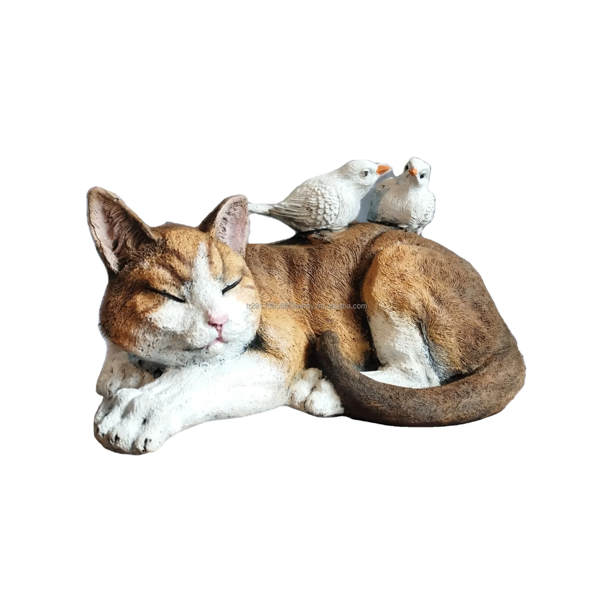reclining Cat statue with a bird Animal Resin Sculptures Cute Figurine For Home Outdoor Garden Decoration Pet Ornaments Decor