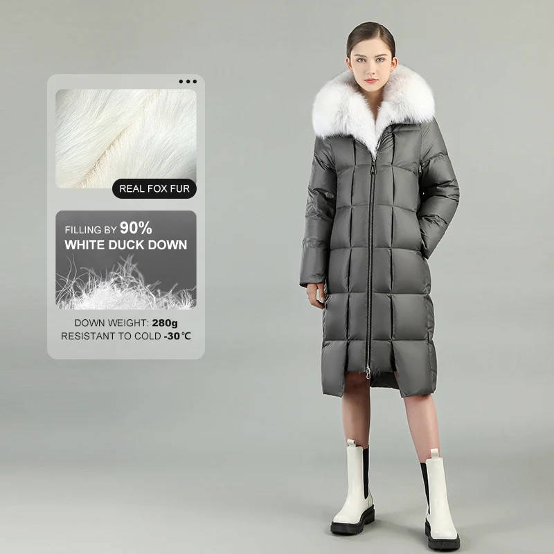 Women Warm Elegant Fox Fur Trim Down Coat Long Fashionable High Quality 100% Genuine Goose Feather Padding Down Coat