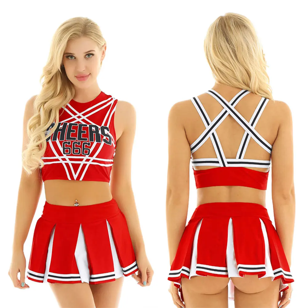 Womens School Girls Cheerleading Dance Costume Letter Printing Round Neck Sleeveless Pleated Dress Cheerleader Uniform Outfit