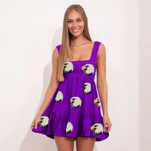 Buy Game Day Custom Embroidered Patches Ruffle Sleeves Tiered Dresses With Square Neck Game Day Sequin Patch Dress