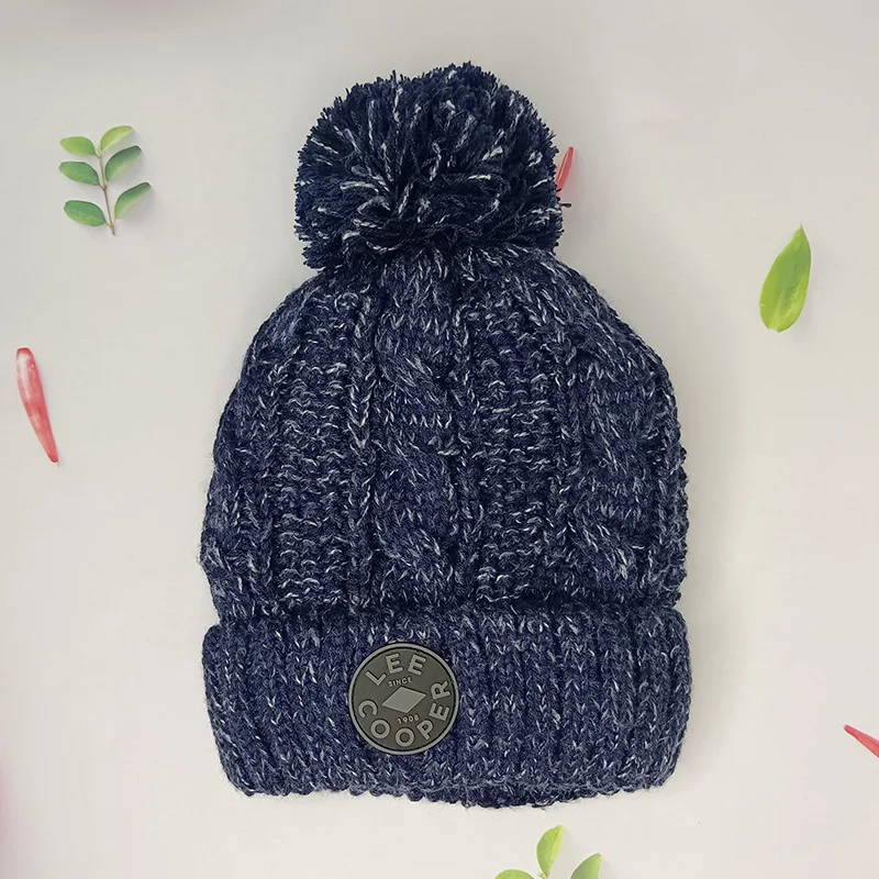 Toddler logo patch knitted Warm Infant Newborn Winter ski pom pom beanie hat for cold weather