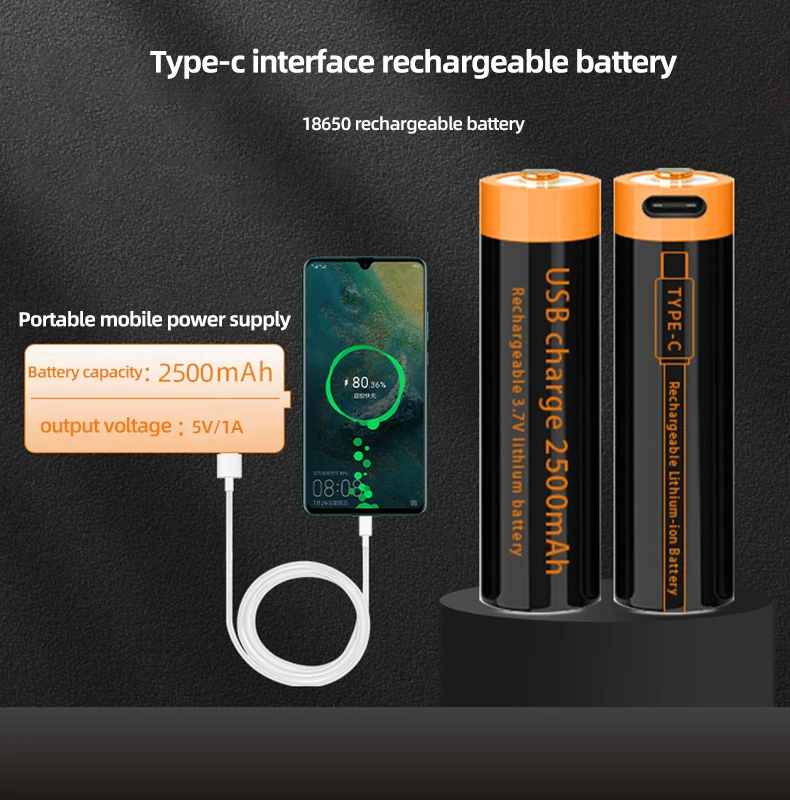 18650 Battery with USB C Port 3.7V 2500mAh Rechargeable Type C Lithium Ion Batteries 18650 USB Li-ion Battery