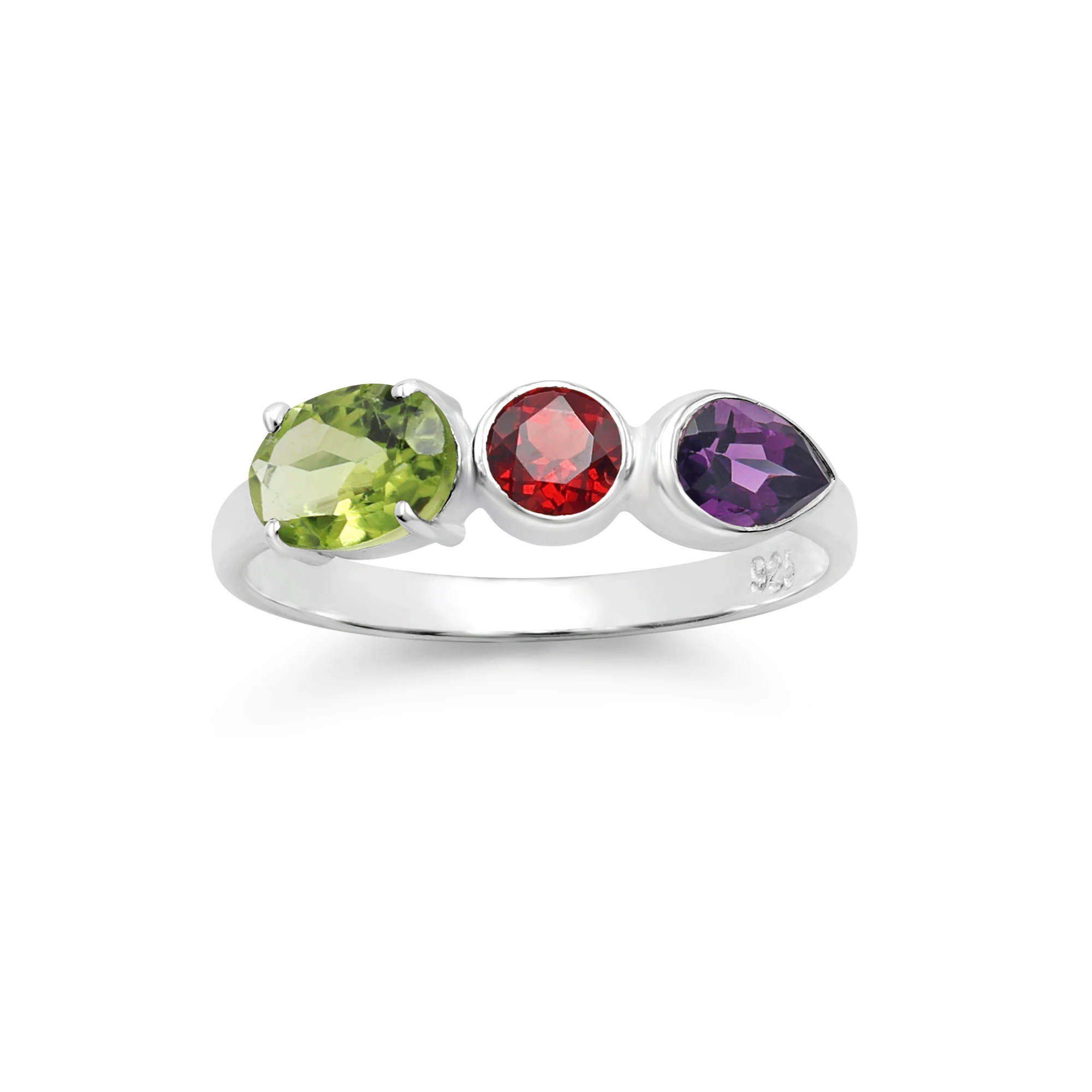Trendy 925 Sterling Silver Oval Round Pear Cut Natural Peridot Garnet Amethyst Faceted Gemstone Band Ring Fine Jewelry For Women