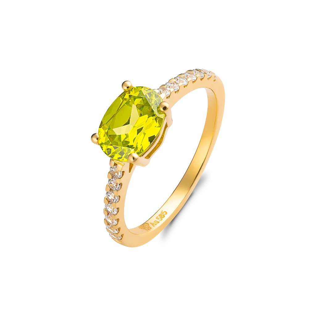 Luxury Beautiful Wedding Anniversary Jewelry 14K Solid Real Gold Oval Peridot Gemstone Rings For Female