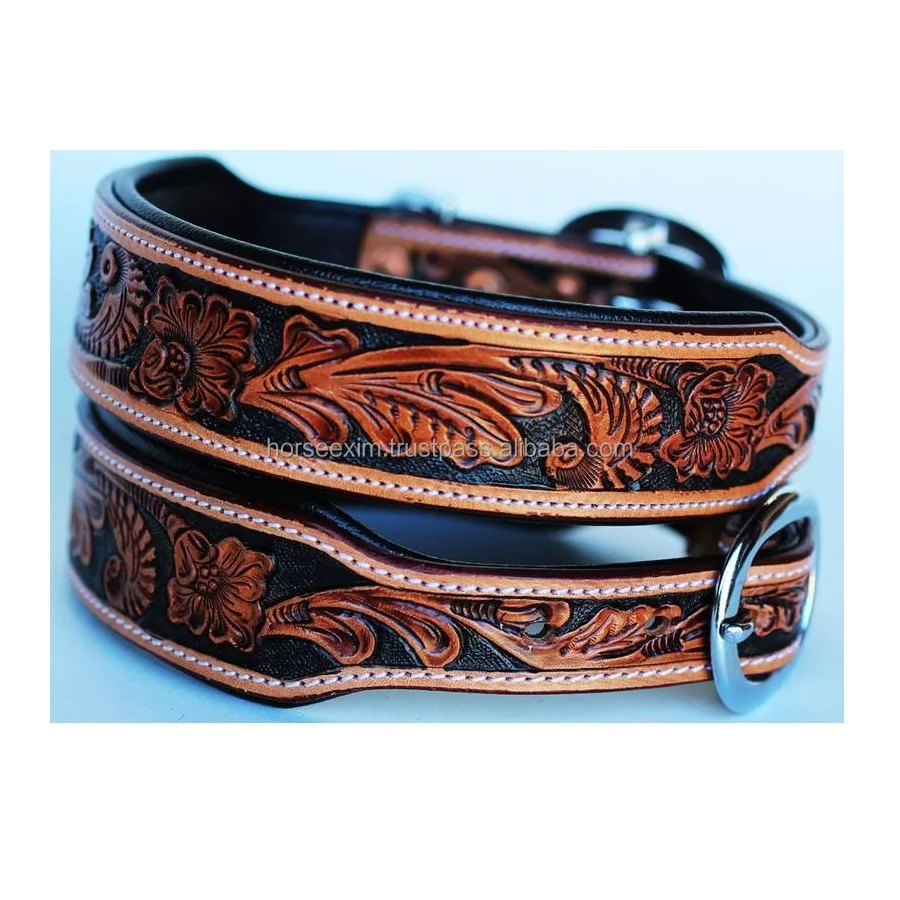 Leather Tooled and Sunflower Design Dog Collar Leather Dog Collar Available In Affordable Price