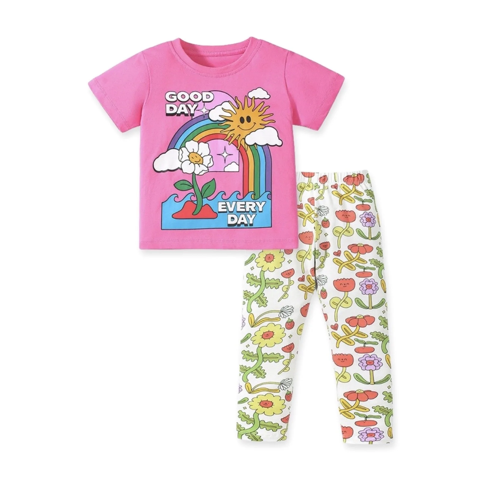 New Toddler Girls Sunny day Cartoon T-shirt and Floral Capri Leggings 2-5 Years Clothing Sets For Girls