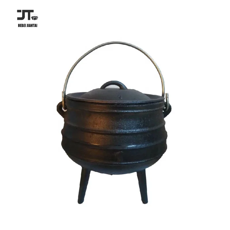 Pre-Seasoned Cast Iron 6L Three-legged Cauldron Potjie African Pot Heavy-Duty Tripod Cookware with Lid Metal Handle for Camping