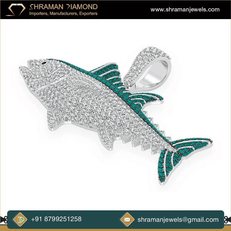 Leading Supplier of 4.4 CTS and 35 Grams 925 Silver Luxury Fashion Jewelry Custom Bluefin Tuna Moissanite Diamond Pendant